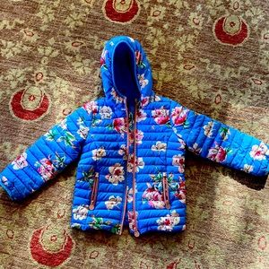 Joules Girls Down Coat, Blue Floral Print